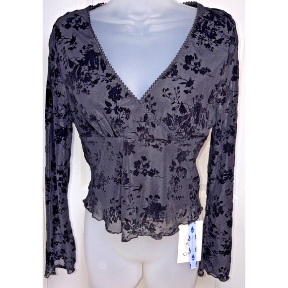 Cider Tops - Cider Large Womens Black Long Sheer Sleeve Floral V neck